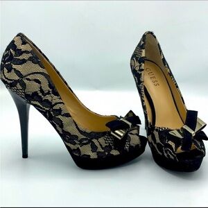 GUESS Black Lace Overlay Nude Peep-Toe Heels with Bow